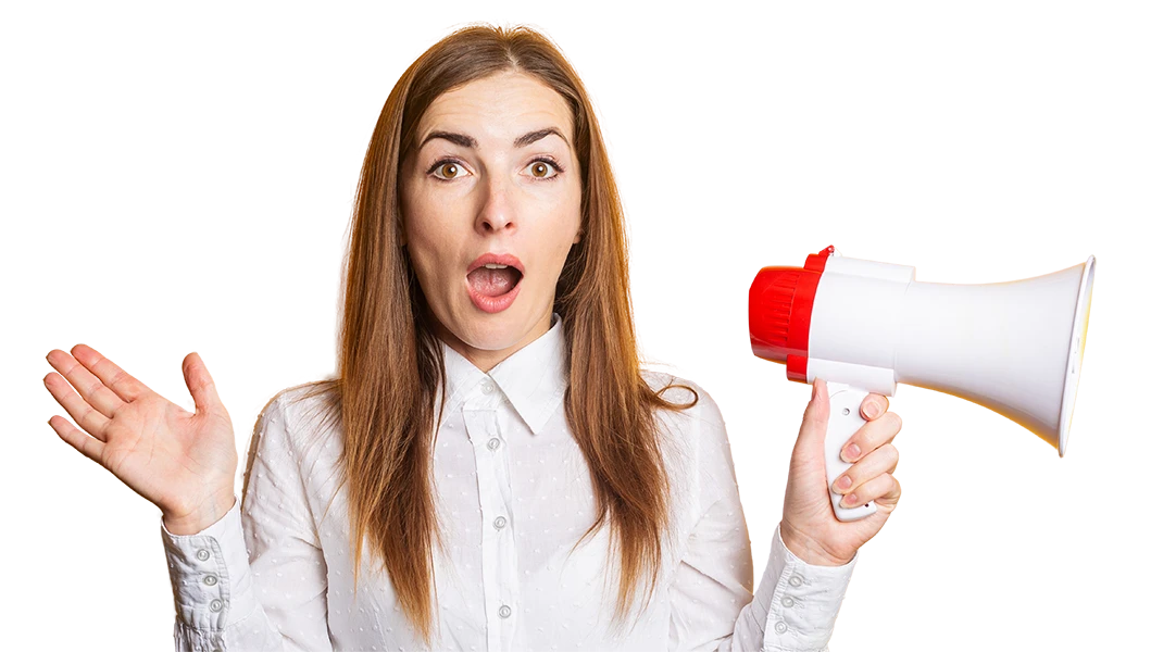 No fees. Just fame Surprised businesswoman holding a red and white megaphone with an open-mouthed expression, representing impactful announcements, media reach, and amplifying a message with no fees and just fame.
