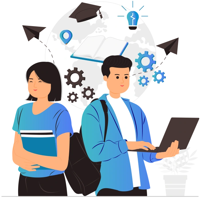 Vector illustration of students with books and laptop representing student upskilling, digital skills development, career readiness, employability training, and future-ready education programmes by LSDB UK