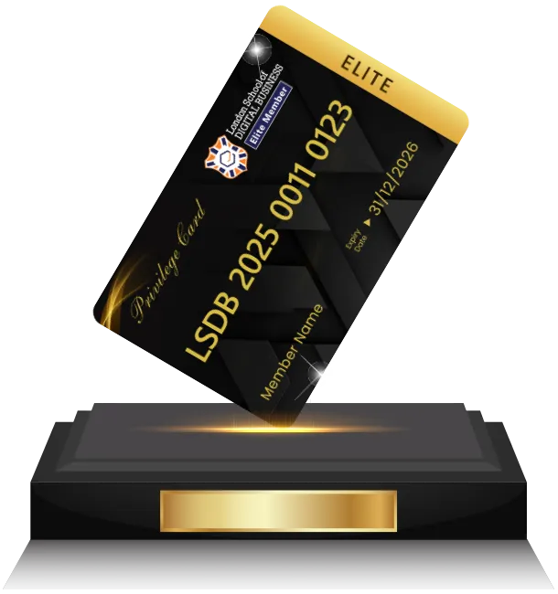 Premium LSDB Elite Membership card illustration showcasing exclusive member benefits including leadership development programmes, AI and digital training, global networking opportunities, referral rewards, and international professional growth with luxury vector design