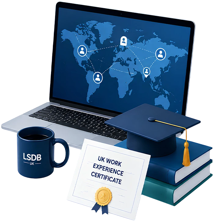 Flat vector infographic illustrating the LSDB Global Placement Pipeline solution featuring international remote internships with UK and EU companies, structured pre-internship training, dedicated mentoring, continuous performance support, career guidance, and a UK Work Experience Certificate to improve graduate employability
