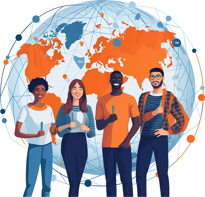 Global Internship Talent Network | Managed Remote Interns for Business Growth | LSDB Vector illustration of diverse global internship talent representing LSDB's managed remote internship programme connecting universities, students, and businesses for workforce growth and global employability