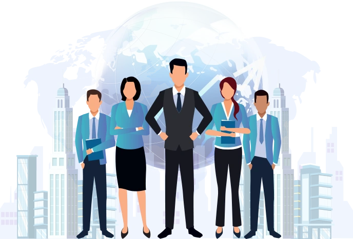Diverse business team representing global leadership and professional growth
