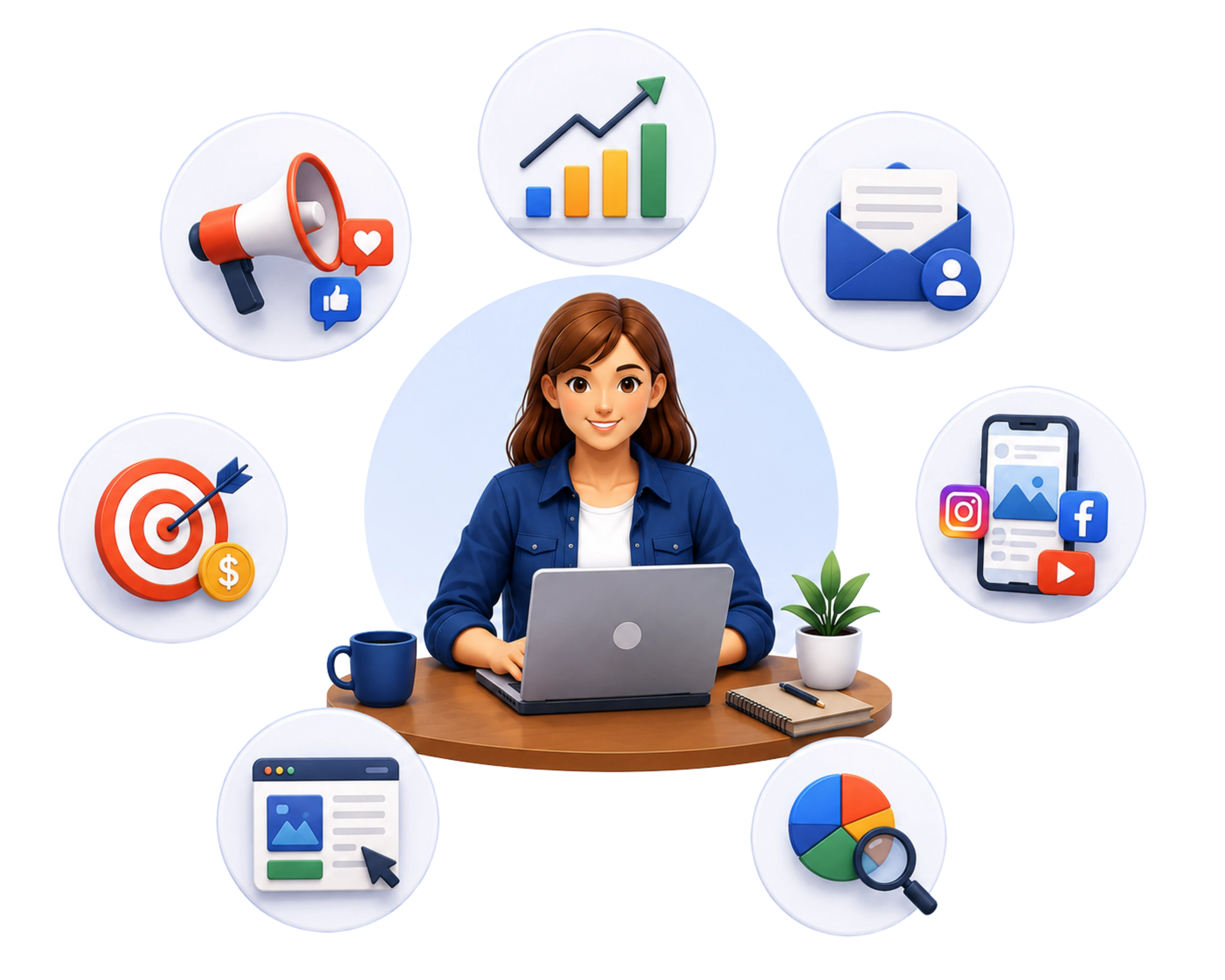 Digital Marketing Skills Training Illustration | Job-Ready Marketing Tools Programme Vector illustration of professionals learning digital marketing skills, strategy, creativity, automation, and industry tools for job-ready digital marketing training and career development
