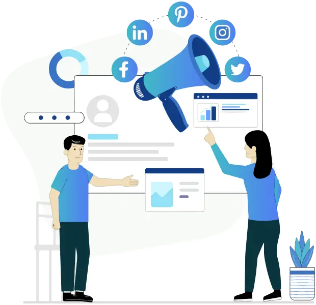 Professional in Digital Marketing Programme Illustration | AI-Powered Marketing Training Vector illustration of digital marketing professionals using social media marketing, AI-powered marketing tools, analytics dashboard, and online advertising strategies for industry-ready digital marketing training