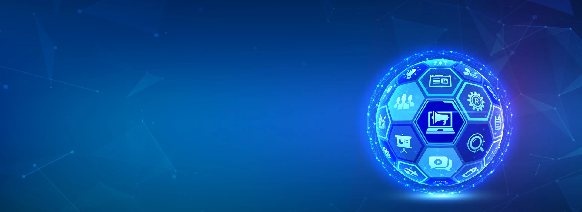 Futuristic blue tech banner showcasing a glowing digital globe embedded with foundational marketing icons for SEO, social media, web analytics, and content strategy