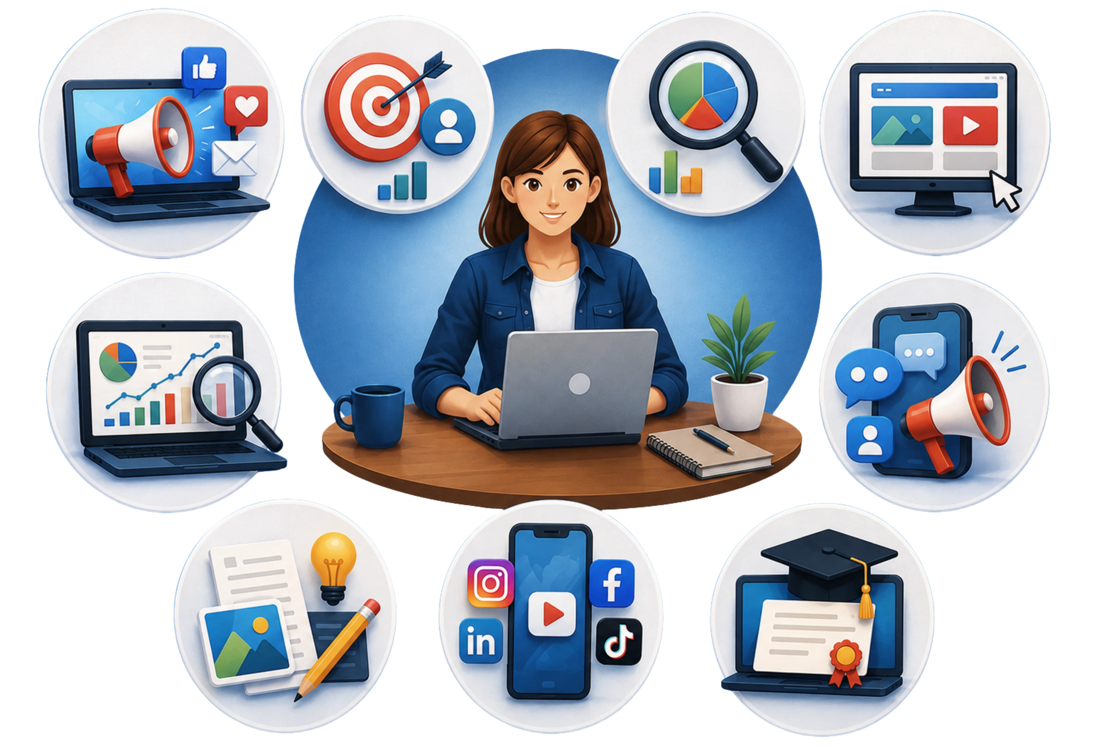 Graphical workflow diagram mapping out the foundational multi-channel marketing toolkit from website management and email lead generation to budget calculations and megaphone amplification