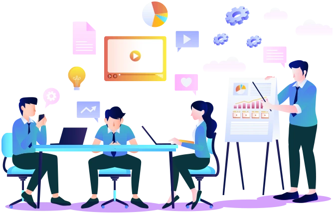 Flat vector illustration of marketing students collaborating during a practical training workshop with laptops, digital media elements, and data performance charts.