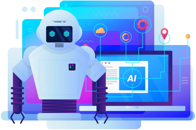 Foundations of AI Course Illustration | Artificial Intelligence and Machine Learning Training Program Futuristic AI robot and Artificial Intelligence technology illustration representing Machine Learning, Deep Learning, automation, and hands-on AI training for the Foundations of AI course