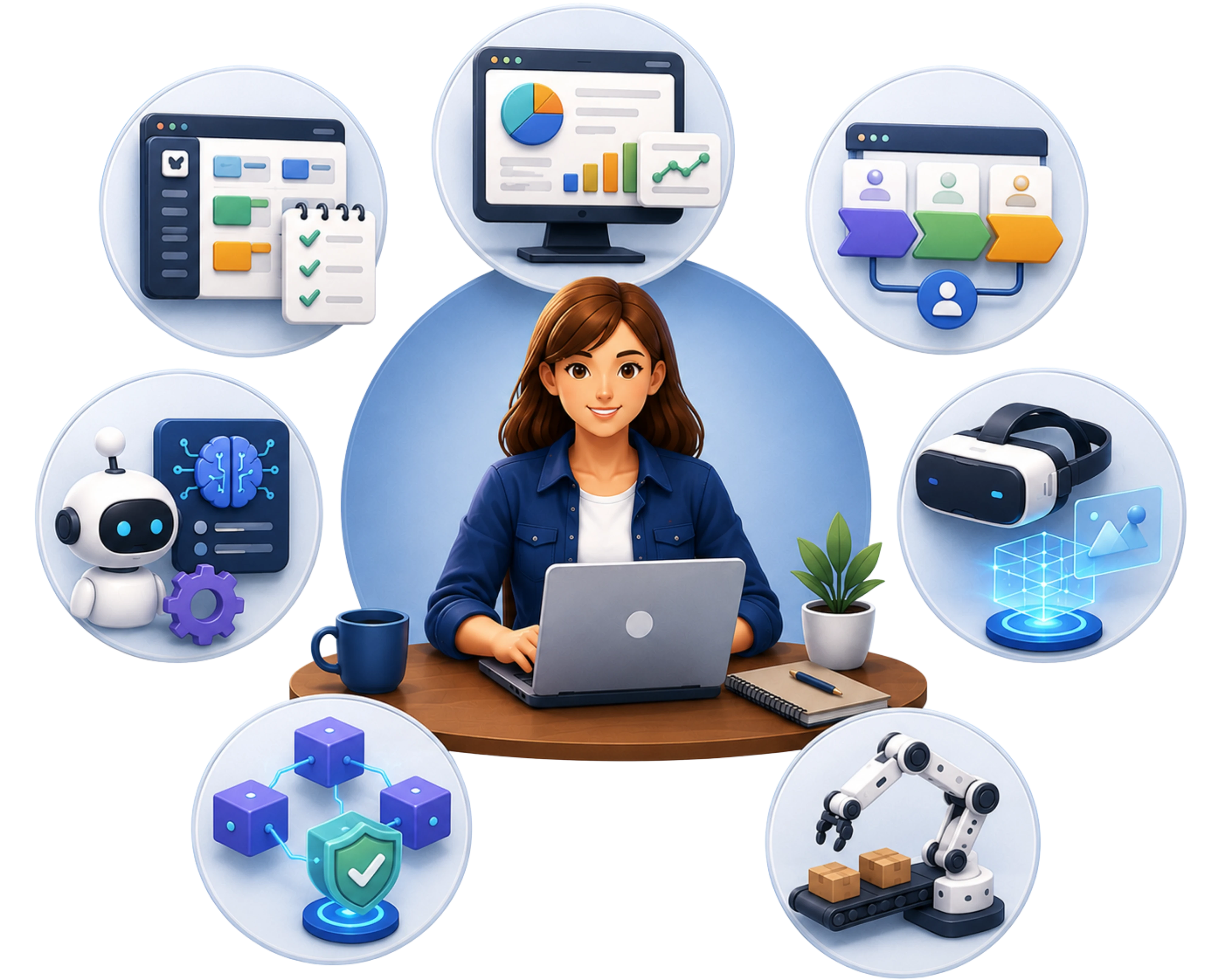 Digital operations skills and workplace tools illustration | AI & workflow management training | LSDB Illustration showing employable digital operations skills, workplace productivity tools, AI technology, workflow management, analytics, logistics, automation, and operational training for LSDB digital operations programme