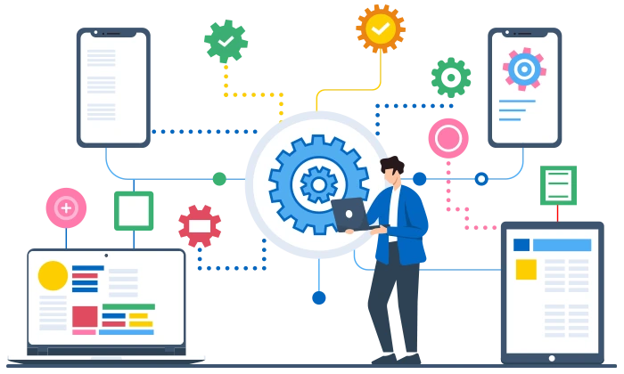 Professional in Digital Essentials for operations Programme Illustration | Digital operations Training | LSDB Illustration of digital operations workflow, workplace automation tools, certifications, and international internship opportunities for LSDB Professional in Digital Essentials for OPERATIONS programme