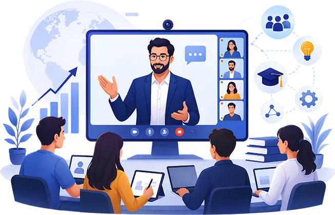 Experienced professional conducting an online webinar for learners